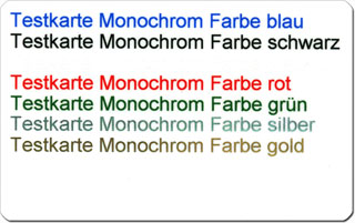 Testkarte - Verschiedene Monochromdruck-Farben auf weißer Magnetkarte