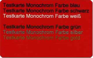 Testkarte - Verschiedene Monochromdruck-Farben auf roter Magnetkarte