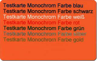 Testkarte - Verschiedene Monochromdruck-Farben auf oranger Magnetkarte