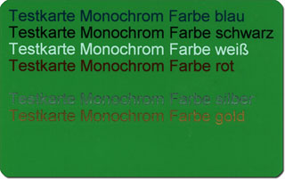 Testkarte - Verschiedene Monochromdruck-Farben auf grüner Magnetkarte