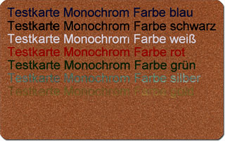 Testkarte - Verschiedene Monochromdruck-Farben auf bronzener Magnetkarte